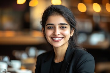 Obraz premium Smiling woman in formal attire sits at a cafe during daytime, enjoying a cheerful moment of connection