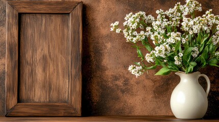White flowers in rustic vase, wooden frame, brown background; home decor