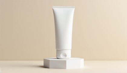 Plain white skincare tube on geometric pedestal with beige background