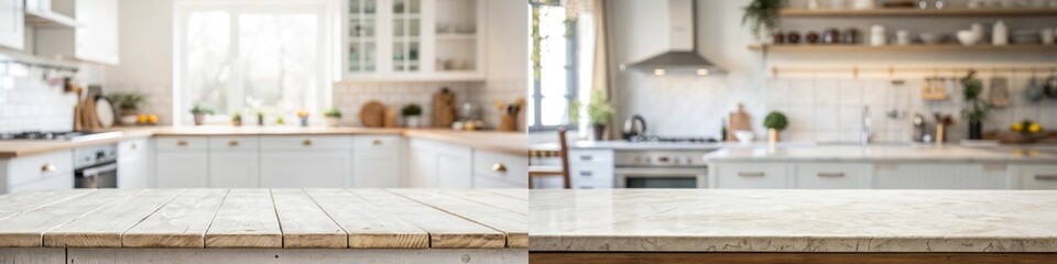 The kitchen is clean and well-organized. There are two countertops, one with a wooden top and the other with a granite top. The kitchen has a lot of appliances, including a stove, oven, and sink