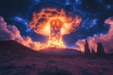 Fototapeta premium A massive volcanic eruption creates a fiery spectacle against a night sky, illuminating the surrounding desolate landscape.