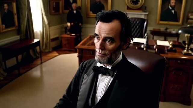 A somber depiction of Lincoln in the Oval Office with a backdrop of American history
