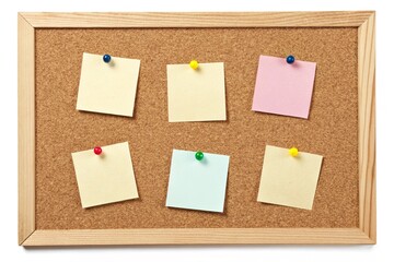 A wooden-framed cork bulletin board featuring six pastel-colored sticky notes secured with push pins, perfect for organizing tasks, reminders, and planning.  
