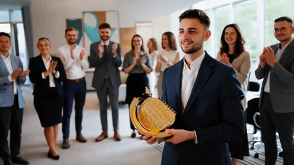 An employee receiving a golden trophy with colleagues clapping in the background