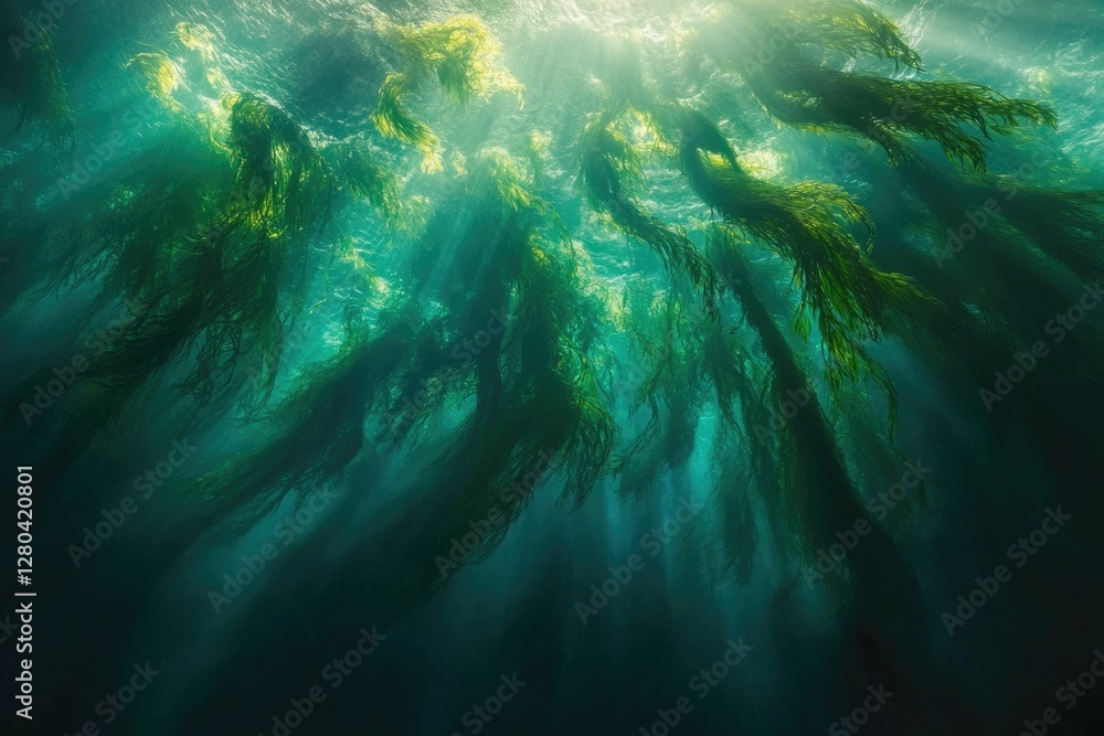 Poster sunbeams illuminate a lush underwater kelp forest, creating a magical, ethereal scene.