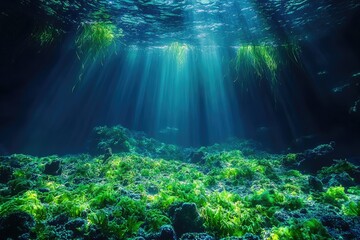 Fototapeta premium Sunbeams illuminate an underwater scene teeming with vibrant green seaweed and rocky seabed.