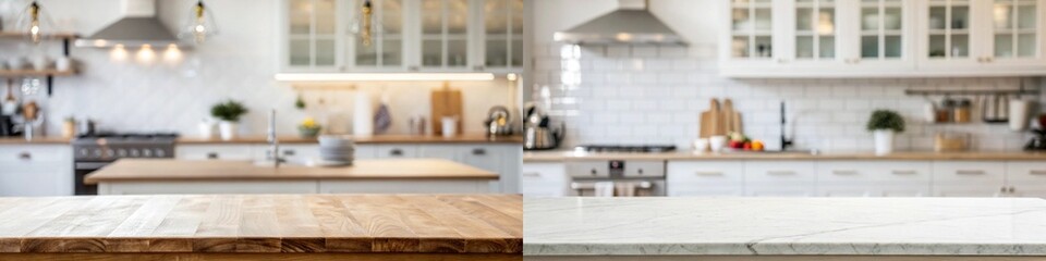 Two kitchens with a wooden countertop and white cabinets. One kitchen has a wooden countertop and the other has a granite countertop