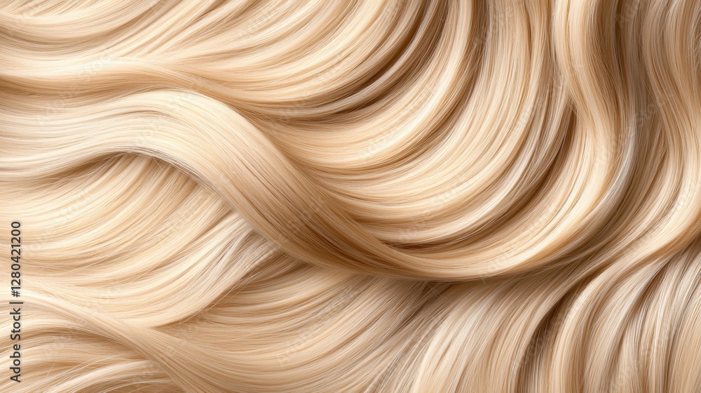 Poster close-up view of soft and shiny blonde hair with flowing waves and textured patterns captured in nat