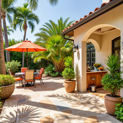Fototapeta premium Tropical villa patio with palm trees and vibrant colors, summer bliss