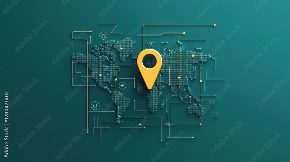 Poster world map with geolocation pin and digital connections illustrating global navigation and technology
