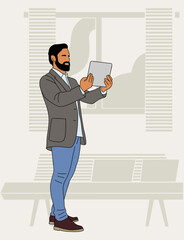 Business man standing in office with digital tablet. Flat vector illustration