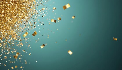 Gold confetti falling teal background