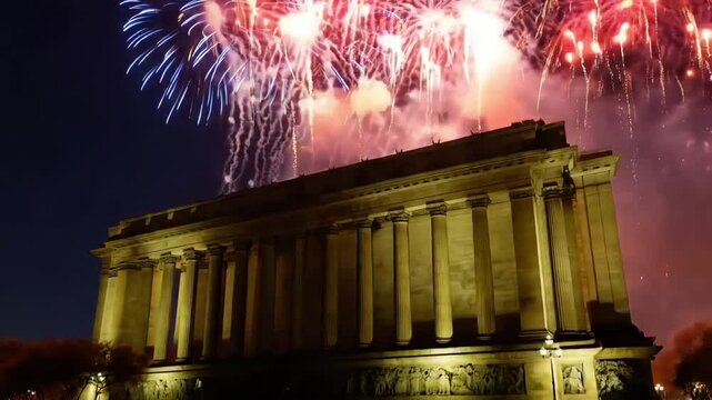 The iconic monument illuminated by colorful fireworks to celebrate Presidents Day