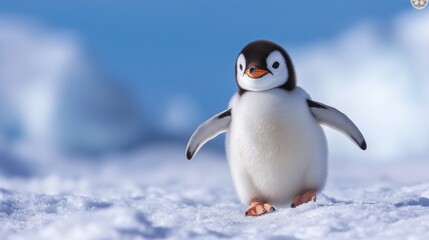 Fototapeta premium Penguin chick waddles across the snowy landscape under a bright blue sky in Antarctica