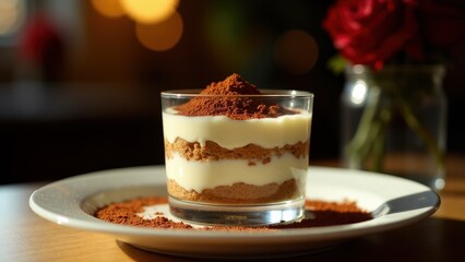 A glass of layered dessert with cream and cocoa powder, placed on a white plate with cocoa powder sprinkled around. A vase with red roses is in the background.