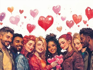 A diverse group of people celebrating Valentine's Day, emphasizing inclusivity, cultures, ages, and orientations