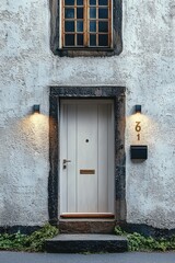 Large flat door, simple atmosphere style, house number, background wall.