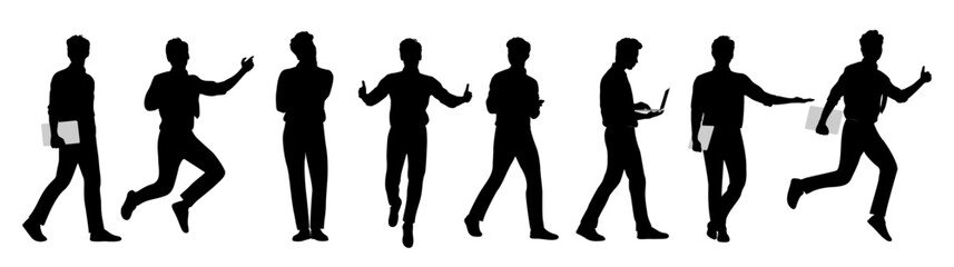 Silhouettes of Businessman character in different poses. Happy man running, standing, walking, jumping, using phone, laptop, front, side view. Vector black illustration