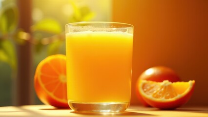 Fototapeta premium A glass of fresh orange juice is placed on a table with whole and sliced oranges in the background, illuminated by warm sunlight.