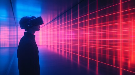 Person engages with virtual reality technology in a colorful illuminated environment