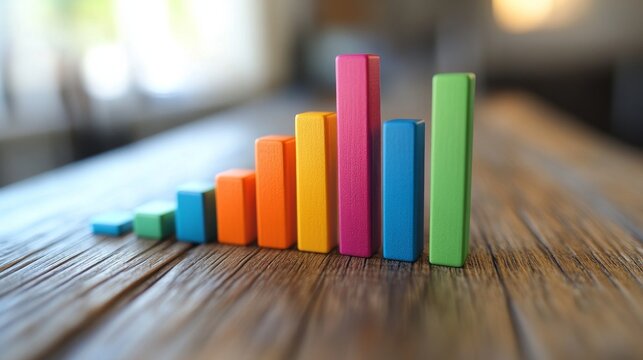 Colorful bar graph created with wooden blocks on a rustic wooden table representing data and growth trends