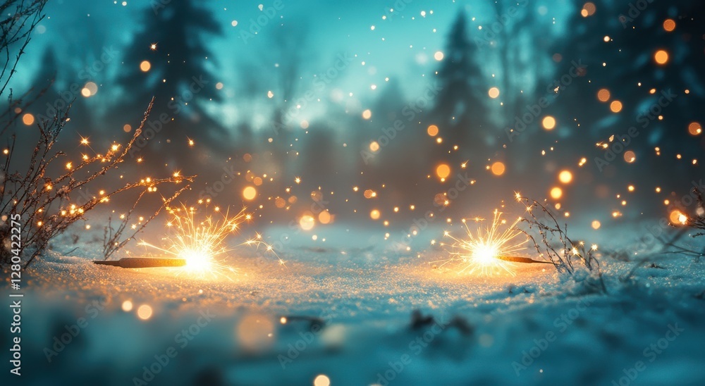 Poster magical winter scene with glowing sparks, softly falling snowflakes, and enchanting bokeh lights cre
