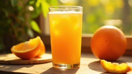 Naklejka premium A glass of fresh orange juice with ice cubes sits on a wooden surface, accompanied by a whole orange and orange slices in the background.