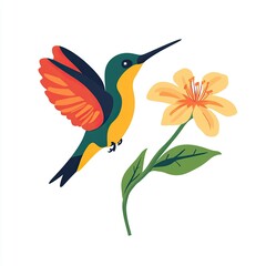 Naklejka premium hummingbird with yellow flower bird with red wings and yellow feather with white background