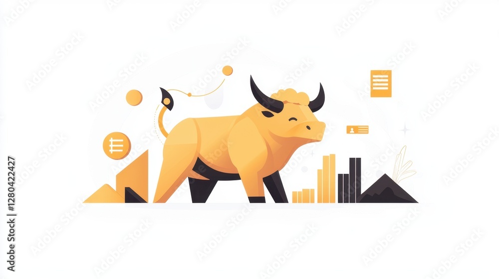 Poster cheerful bull icon representing optimism in financial markets with colorful graphs and charts in mod