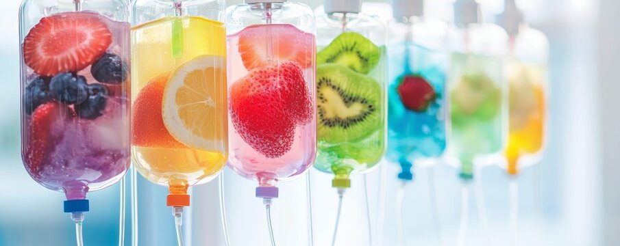 A medical spa specializing in vitamin infusion therapy, with colorful fruit-filled IV bags lined up for personalized treatments.