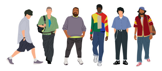 Set of Street fashion men vector illustrations. Young, mature, senior men wearing trendy modern street style outfit standing and walking. Cartoon stylish male characters isolated 