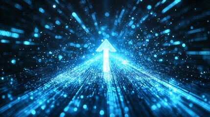 Vector of light particles moves towards an upward arrow in a digital galaxy of glowing blue energy