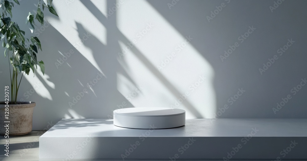 Poster minimalist display with circular pedestal on a clean surface illuminated by soft natural light from 