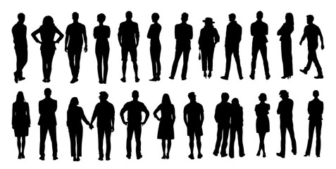 Silhouettes of different People Standing and walking Rear View. Male and Female, couple Characters Back View vector monochrome illustrations, icons Isolated