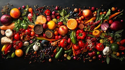 Abstract food art with bright spices, herbs, and ingredients scattered artistically for an ads