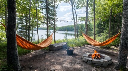 Cozy hammock campsite nestled between towering trees in a lush forest with a warm fire pit nearby offering a serene and peaceful outdoor retreat for relaxation and adventure