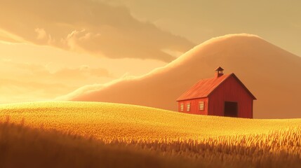 Serene Sunset Over Golden Wheat Field with Red Barn and Rolling Hills in Background