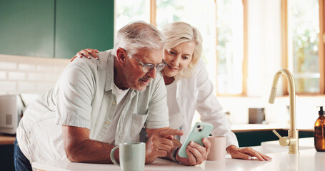 Morning, phone and relax with old couple in kitchen for retirement fund, social security benefits...