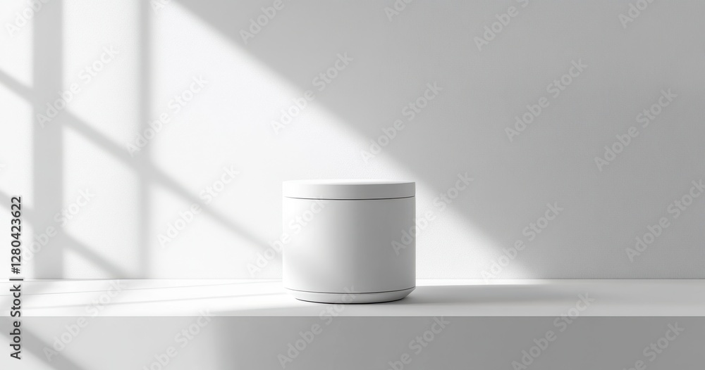 Poster minimalist white container on a sleek surface with natural shadows and light creating a calm atmosph