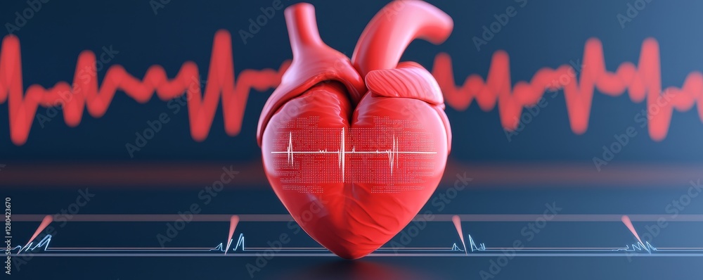 Poster realistic heart model with an ecg waveform in the background.