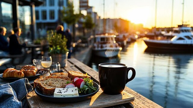 Delicious breakfast spread including toast, cheese, and tea enjoyed by the serene waterfront at sunrise, with boats gently bobbing in the background.