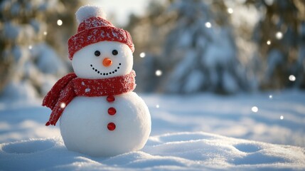 Fototapeta premium Snowman wearing a red scarf and hat stands in a snowy landscape during winter afternoon light