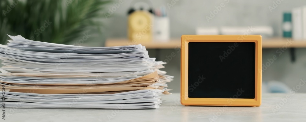 Poster stack of documents beside a chalkboard in a modern workspace.