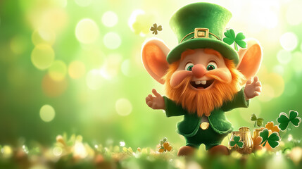 Fototapeta premium A playful leprechaun with a big smile is surrounded by shamrocks, celebrating in a bright green setting that evokes the joy of St. Patrick's Day festivities