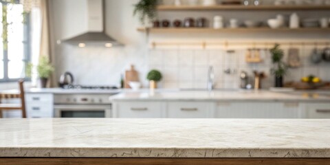 A kitchen with a countertop that has a view of the sink and stove. The countertop is made of granite and has a white border