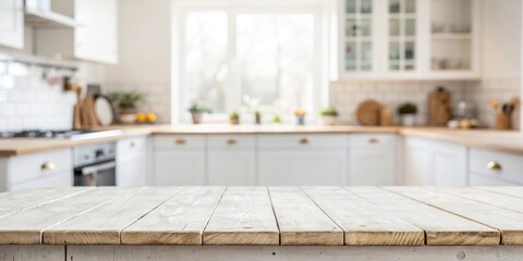 A kitchen with a wooden countertop and white cabinets. The countertop is a wooden slab with a view of the kitchen