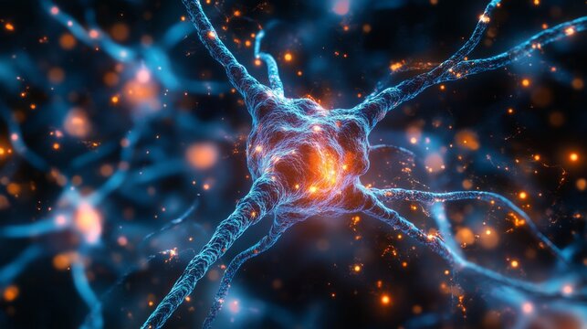 Neural network visualization showcasing interconnected neurons and synapses glowing with activity