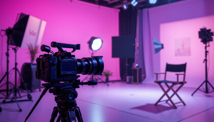 Cinematic Film Production Studio with Pink Ambient Lighting and Equipment