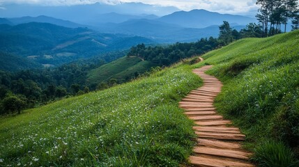 Scenic hiking trail winding through lush green mountains in the afternoon light