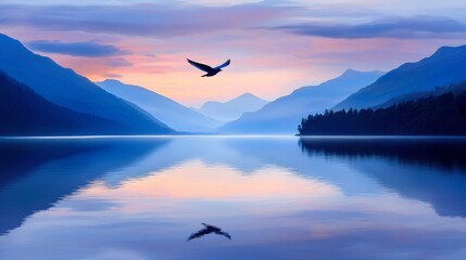Serene Mountain Lake at Dawn with Silhouette of Bird in Flight against Colorful Sky and Mirror-like Water Reflection